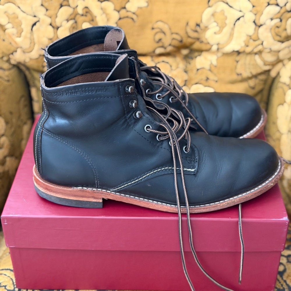 Wolverine 1000 Mile Plain Toe Boots Black Leather Made in USA